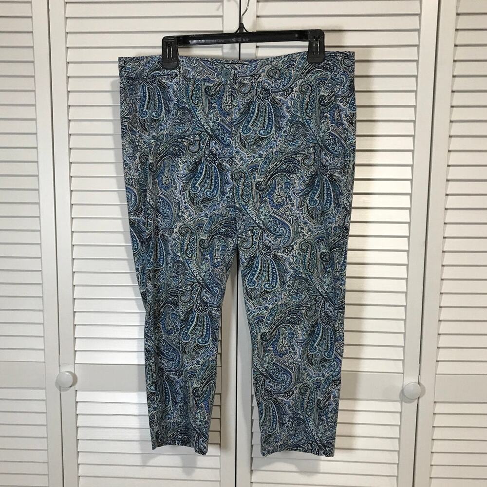 Talbots Modern Preppy Retro Boho Blue White Paisley Cropped Ankle Pants 12P